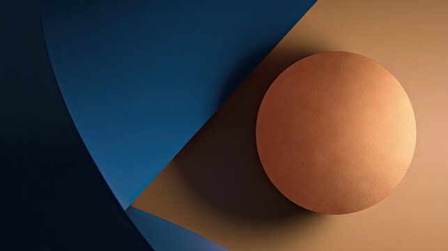 Geometric composition features a textured circular element against layered background shapes with dramatic lighting