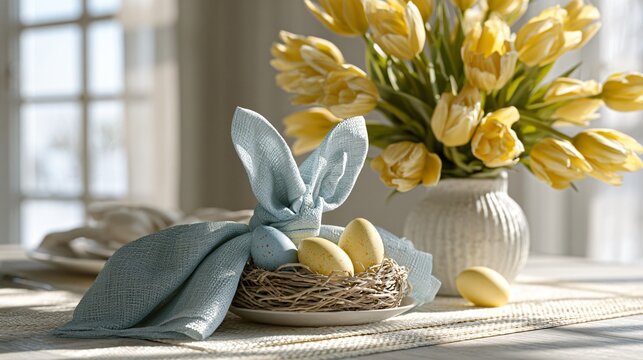Elegant Easter Table Setting with Festive Decor Indoors