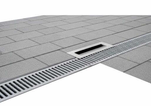 Metallic floor drain grate with water on tiled floor isolated on white background