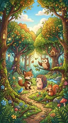 Fototapeta premium Cute woodland animals gathering in a whimsical magical forest glade