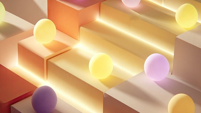 Geometric stair structure illuminated by soft glowing orbs arranged in a complex pattern