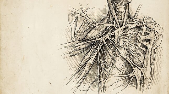 Vintage anatomical study of human upper torso muscles and nerves