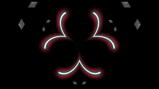 Symmetrical Abstract Digital Art Featuring a Central Glowing Red Symbol Amidst Geometric Reflective Shapes on a Dark Background