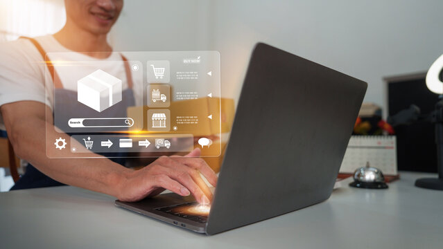 Man managing online ecommerce business from home office