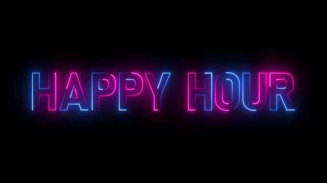 Glowing flickering neon inscription happy hour text sign.