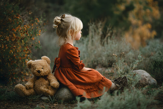 little girl sitting by a teddy bear
