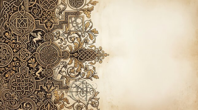 Intricate vintage border with mythological figures on aged parchment