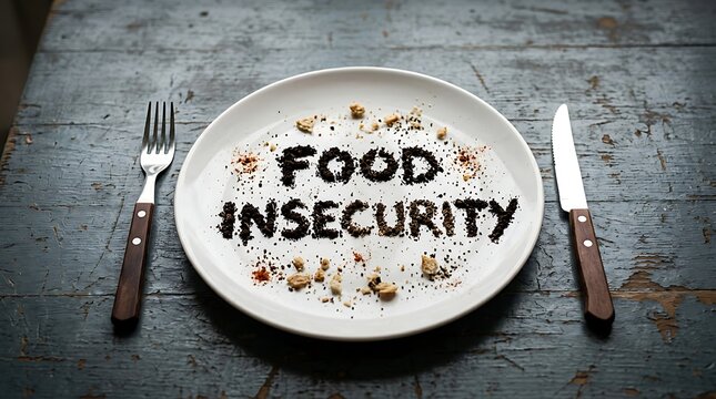 Conceptual representation of food insecurity on a plate on a rustic wooden table