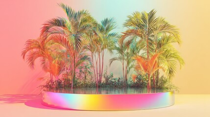 Obraz premium Tropical foliage displays vividly upon a reflective, curved pedestal set against a vibrant gradient background.