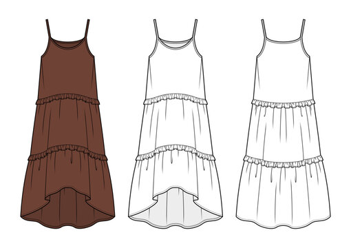 Tiered High-Low Maxi Dress Technical Fashion Illustration. Sleeveless Scoop-Neck Dress with Ruffle Trim Vector Template. Front and Back View. Women&rsquo;s Apparel. CAD Mockup Set.