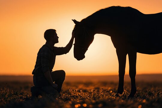 Man kneeling in a field at sunset petting a horse in a beautiful nature silhouette