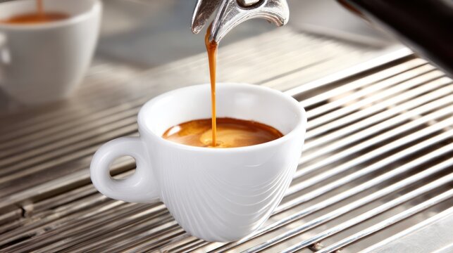 Espresso being poured into a white cup.
