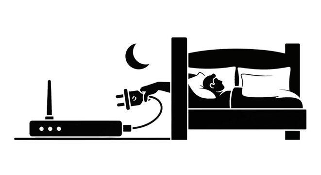 Black and white silhouette illustration of a man lying in bed at night under a crescent moon, reaching his arm out to unplug a wireless internet router for digital detox.