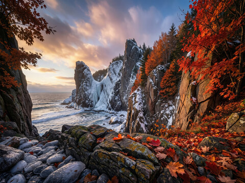 Paysage spectaculaire avec falaises rocheuses et arbres aux feuilles rouges en automne, ciel dramatique aux nuances oranges et violettes au coucher du soleil, atmosph&egrave;re grandiose