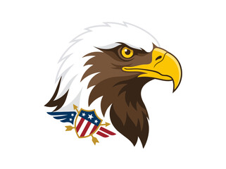 Fototapeta premium Majestic Bald Eagle Head CloseUp with American Flag Badge. EPS Editable. SVG Vector Illustrations.