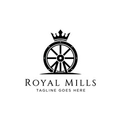 Vintage mill wheel topped with a royal crown, symbolizing industrial heritage and leadership. © BlackEdits