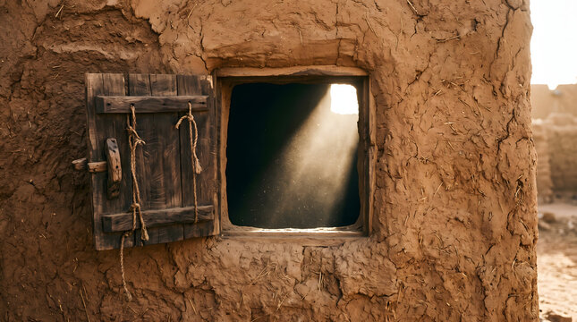 A dramatic golden ray of sunlight streaming through a small window of an ancient mud brick house with a rustic wooden shutter