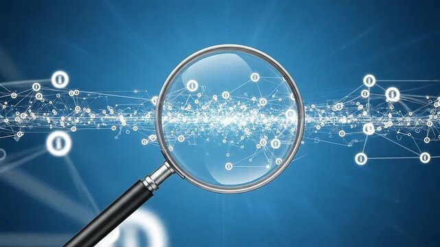 Magnifying glass analyzing digital data network on blue background