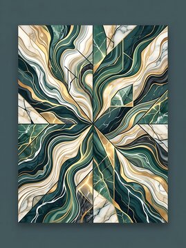 Geometric marble art with emerald green and gold fluid patterns