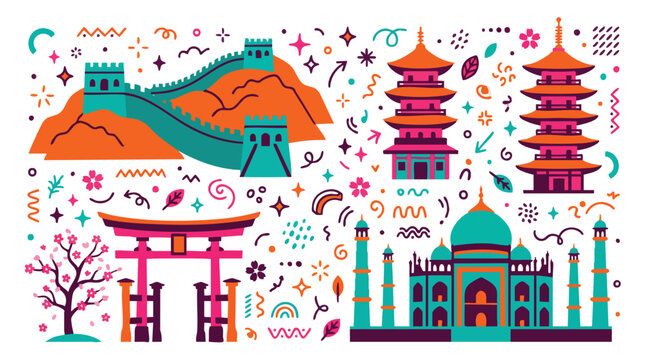 Famous Asian Landmarks Doodle Vector Illustration with Patterns