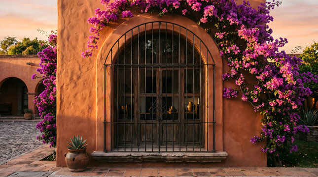 Beautiful arched window with black iron grate on a terracotta wall decorated with vibrant pink bougainvillea flowers during golden hour sunset.