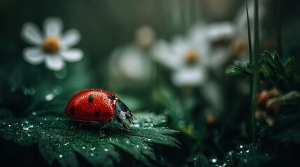 Obraz premium Vibrant red insect rests upon a dew covered leaf amidst soft focus blossoms.