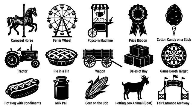Black and White Icons of County Fair Objects, Animals and Rides