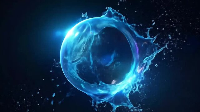 A glowing blue water splash forms a dynamic ring against a dark background