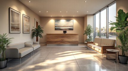 Fototapeta premium Modern Lobby Reception Area with Seating and Artwork