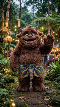 A fluffy and humorous version of the famous Genderuwo spirit from Indonesian folklore. The character appears as a hairy yet adorable mascot with a goofy smile.