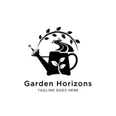 Creative garden silhouette with a path and foliage growing from a watering pot. © StockWave