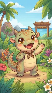 A cute baby Komodo dragon mascot with tiny claws, big sparkling eyes, and a playful expression. Inspired by Indonesia&rsquo;s famous Komodo dragon but designed in a friendly cartoon style.