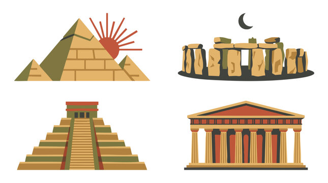 Famous Ancient World Landmarks Flat Vector Illustration Icon Set
