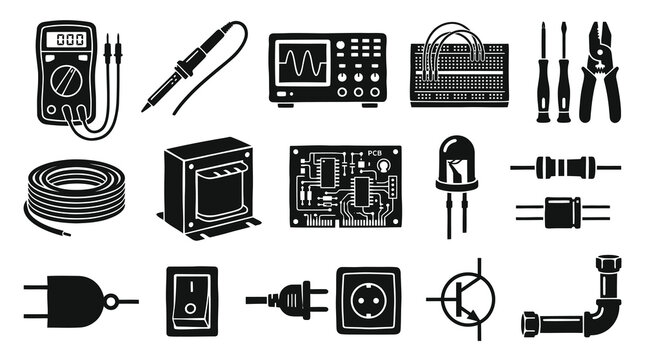 Black and White Vector Icons of Electronic Components and Tools
