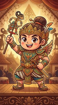 A cute cartoon mascot inspired by traditional Javanese wayang puppet warriors. The character features stylized armor, expressive eyes, and a playful heroic pose while maintaining elements of classic s