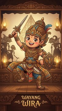 A cute cartoon mascot inspired by traditional Javanese wayang puppet warriors. The character features stylized armor, expressive eyes, and a playful heroic pose while maintaining elements of classic s