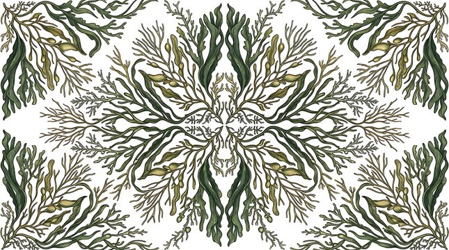 Symmetrical botanical pattern of green seaweed and aquatic plants