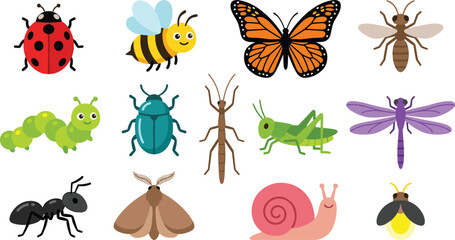 Cute Cartoon Insect and Bug Vector Icon Set Featuring Ladybug Honeybee Monarch Butterfly Caterpillar Dragonfly Grasshopper Ant Beetle and Snail Characters © Ismail