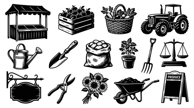 Farming and Gardening Icon Set: Tractor, Produce Stand, Tools, Scales, Black and White Line Art