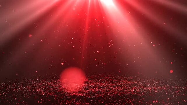 Red spotlights illuminate a sparkling stage with floating particles