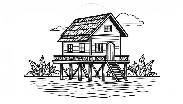 Small wooden lake hut on stilts simple line art.