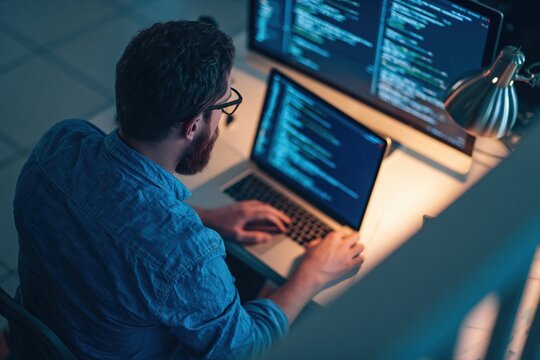 Programmer and developer coding on a laptop in a dark office at night technology