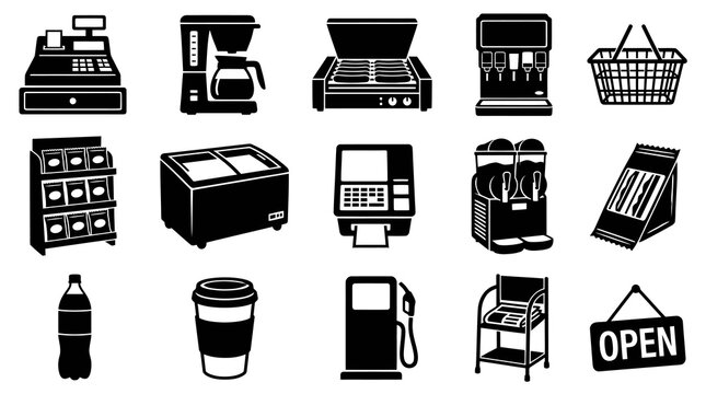 Convenience Store Retail Industry Glyph Icons Set - Black and White Silhouette Elements