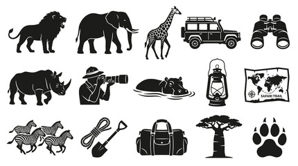 Fototapeta premium Safari Adventure Icons Vector Set. Wildlife Animals, Travel Gear, and African Elements in Black and White Silhouette Style