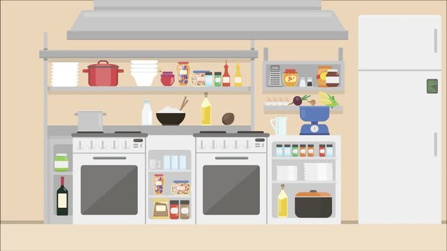 Animated 2D flat design background scene of a Kitchen