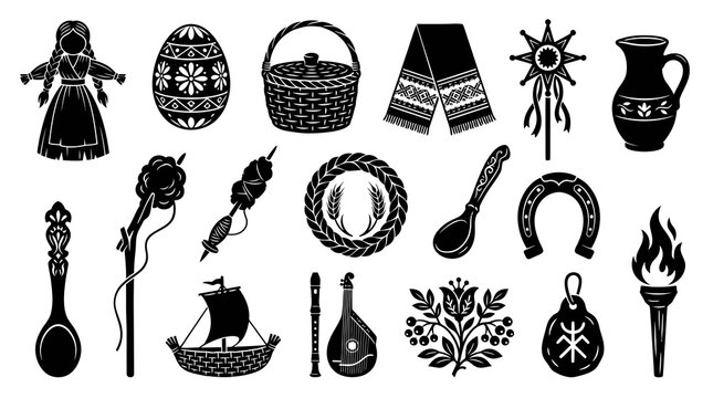 Eastern European  Slavic Folklore Glyphs Set. Traditional Culture Icons in Black  White Silhouette.