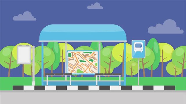 Animated 2D flat design background scene of a Bus Station