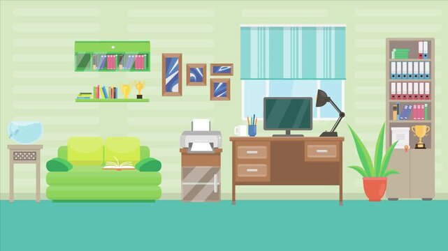 Animated 2D flat design background scene of a Study