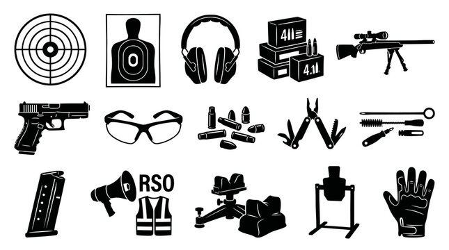 Firearm and Shooting Sports Equipment Icons - Black and White Glyph Art