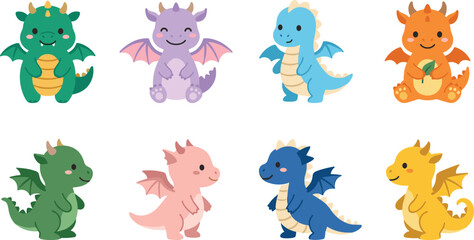 Fototapeta premium Cute Baby Dragon Cartoon Character Vector Icon Set Featuring Colorful Mythical Creatures with Wings and Horns for Kids Designs and Stickers
